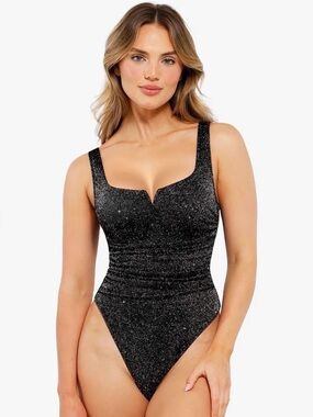 Popilush Shapewear Ruched Metallic Knit Square Neck Slimming Bodysuit
